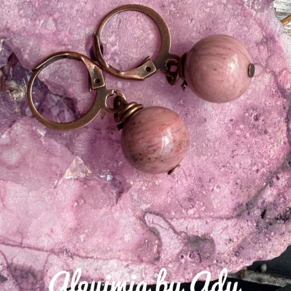 Simple pink rhodonite sphere earrings